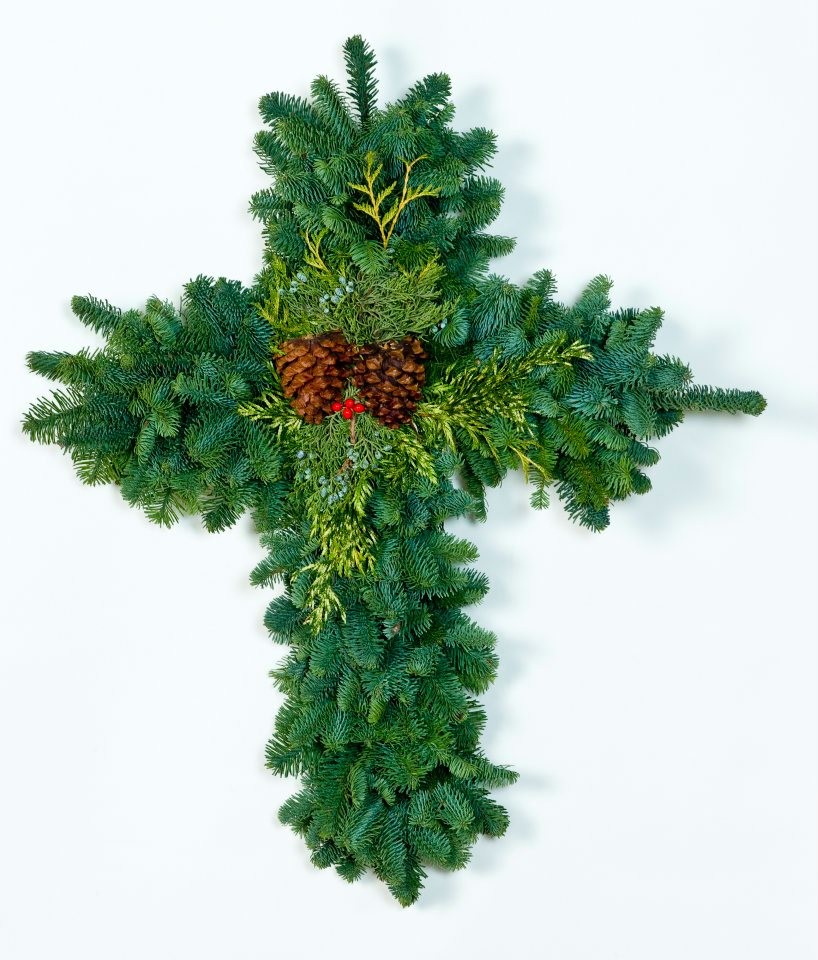 Deluxe Cross Wreath with 3 accents (pine cones, berries and juniper) Deluxe Cross Wreath with 3 accents (pine cones, berries and juniper)