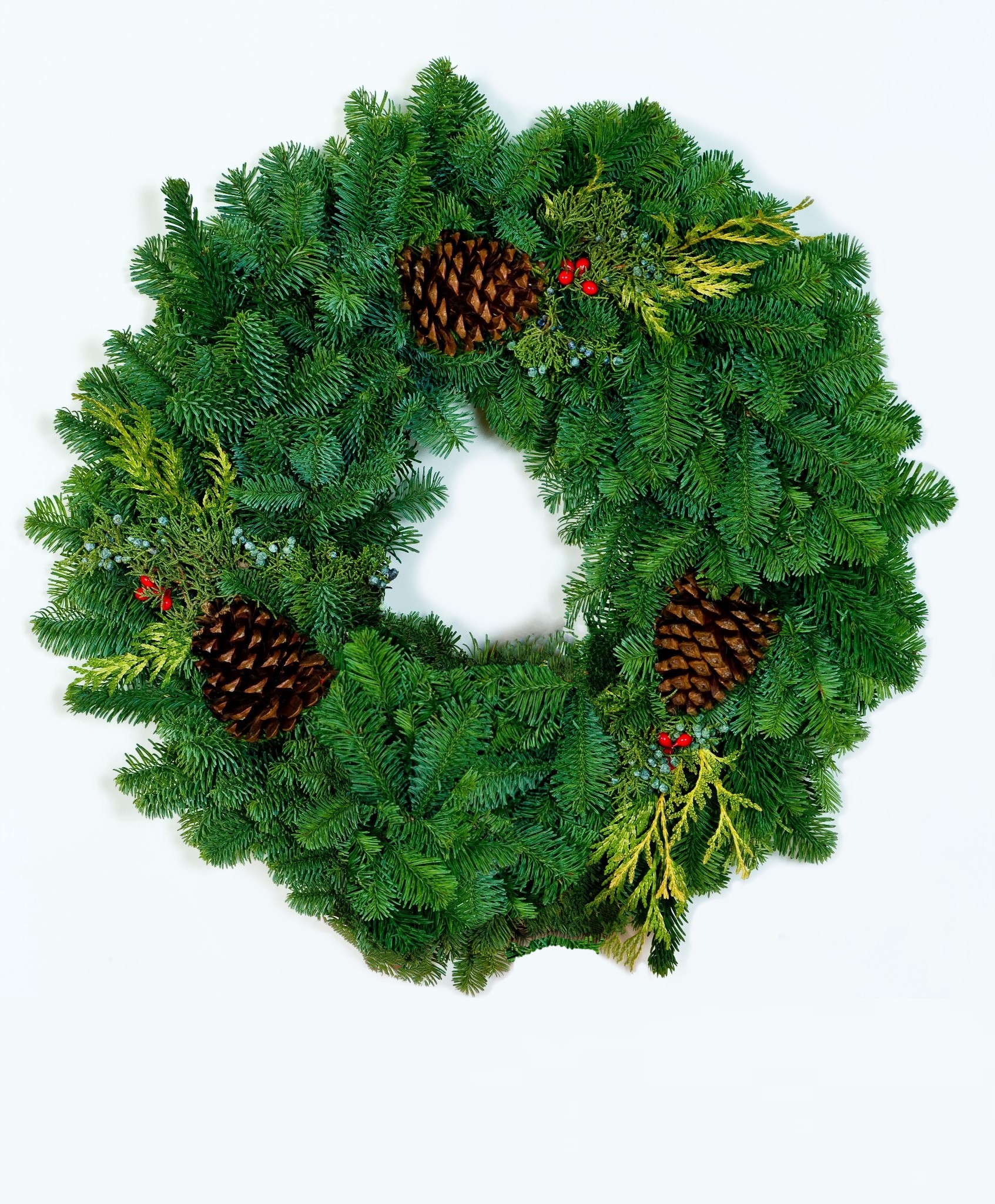 Deluxe Noble Fir Wreath with 3 accents (pine cones, berries and juniper) Deluxe Noble Fir Wreath with 3 accents (pine cones, berries and juniper)